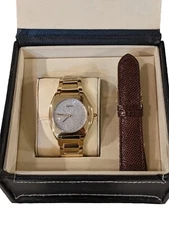 NOS Croton Unisex Goldtone Cushion Case Silvertone Textured Dial Dress Watch