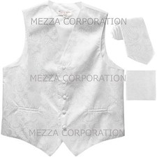 New Vesuvio Napoli Men's paisley Tuxedo Vest Waistcoat Necktie  Hankie White