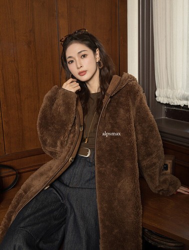 Womens Hood 100% Wool Long Coat Real Lamb Wool Shearling Fur Reversible Overcoat - Picture 14 of 25