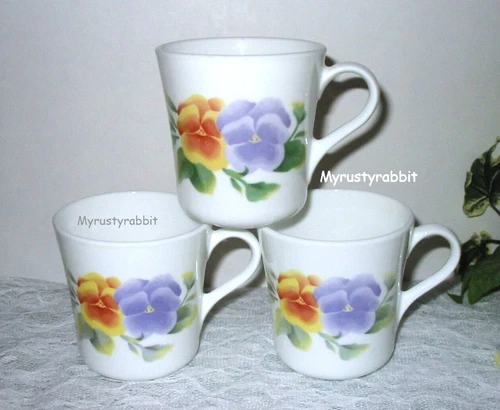 Corning Ware Summer Blush Coffee Cups - Set of 3 - Corelle Pansy Flowers