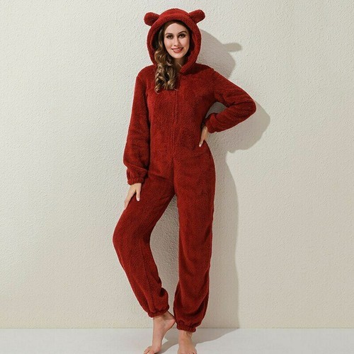 Winter Warm Schlafanzug Damen Flauschig Fleece Jumpsuits Nachtwäsche Overall Kapuze Neu - Bild 8 von 24