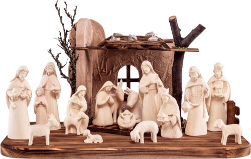 17-Piece Wooden Nativity Lot Complete Nursery with Cabin-