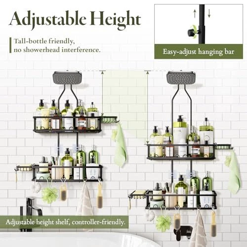 Shower Caddy Hanging: Adjustable Height No Blocking to Shower Head - Black
