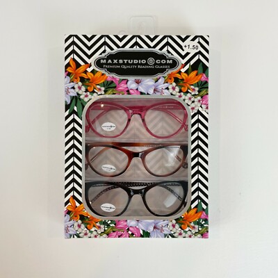MaxStudio.com +1.50 Reading Glasses Black Honey Berry 3 Pair