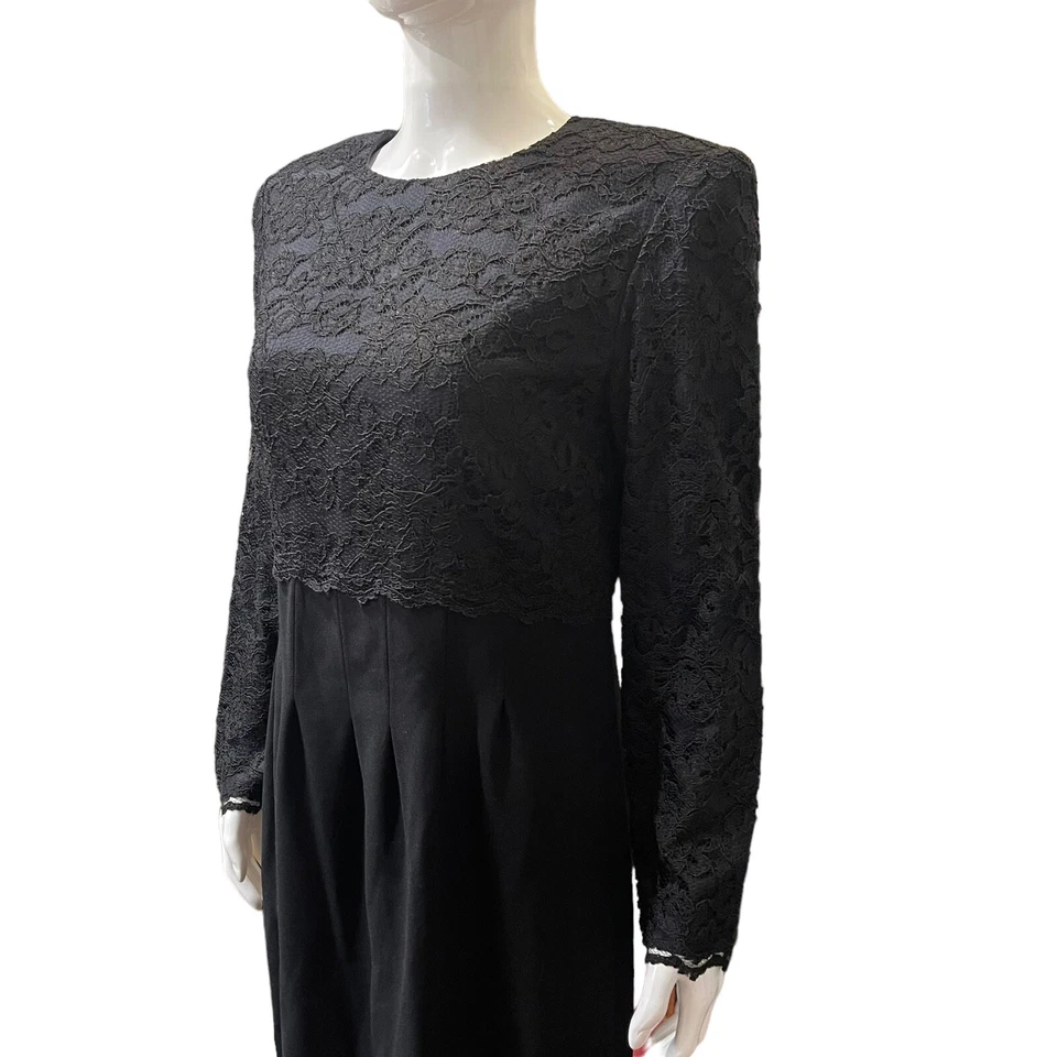 Vintage Liz Claiborne 80s Funeral Black Crepe Lace Cocktail Women's Dress 10 - Image 2 of 4