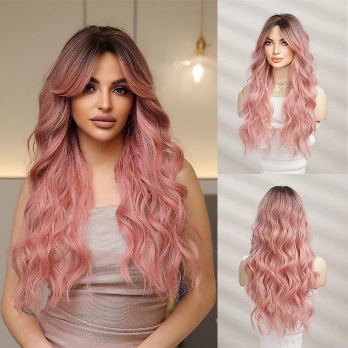 26Inch Women Gradient Pink Long Curly Wig Synthetic Wavy  display picture 2