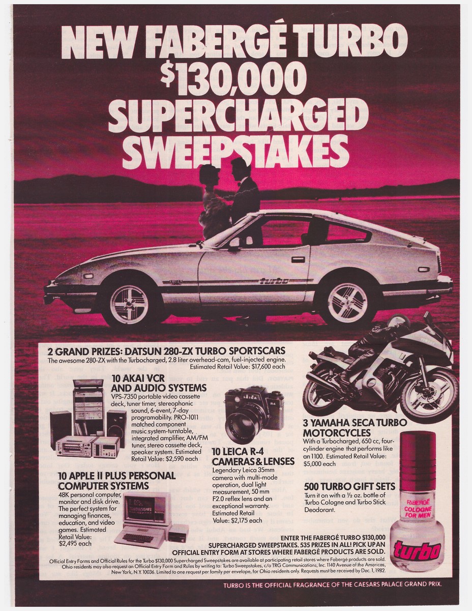 Original 1982 Faberge Turbo Cologne Supercharged Sweepstakes Print