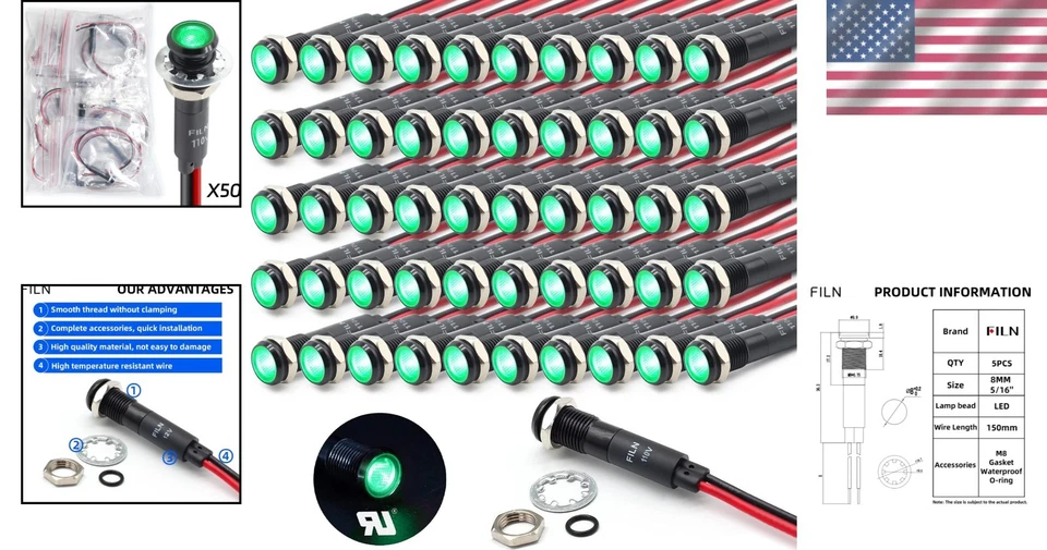 50 Piezas Lámpara Indicadora 8MM Lámpara Piloto Metal 110v Verde Foto 2 de 4