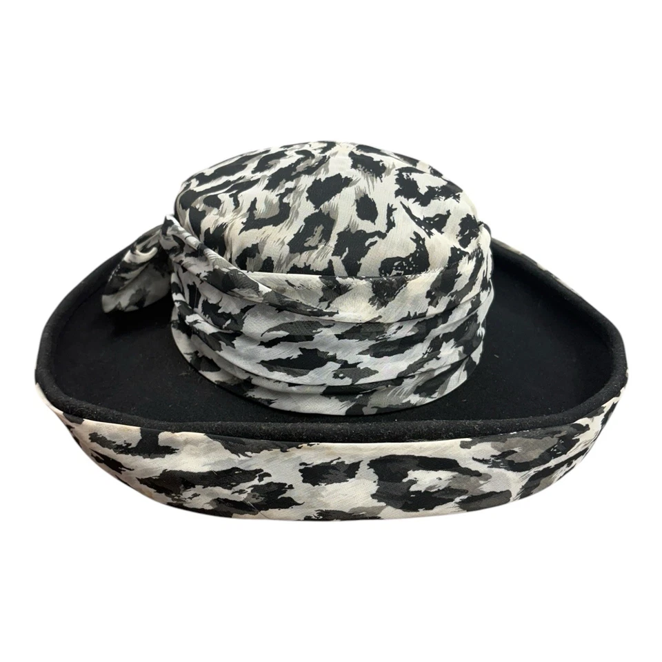 Chapéu de igreja Sonni of San Francisco estampa de leopardo lã preta Derby vintage feminino leitura - Imagem 2 de 4
