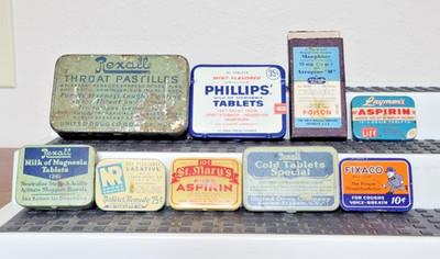 Vintage -Unique- 9  medicine advertising tins  Rexall, Fixaco, Laymon's +6