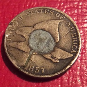 1857 FLYING EAGLE CENT  PLUGGED I-74 FREE SHIPPING