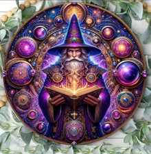 Wizard Warlock Merlin magic spell book round metal sign wall art 20cm witchcraft