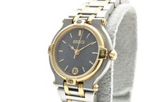Near MINT Vintage GUCCI 9000L 25mm Two Tone Gold Black Dial Date Women's Watch