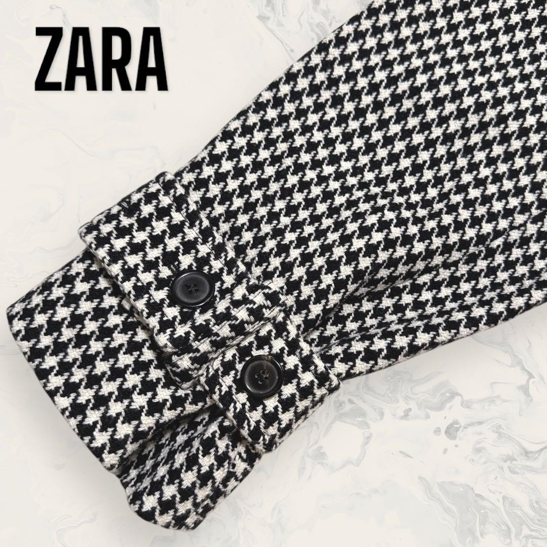 ZARA Wool Blend Houndstooth Long Coat Belted Women L 120cm Very Good thumbnail 6
