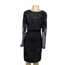 David Meister Womens Black Sheer Floral Pattern Long Sleeve Cocktail Dress Sz 6