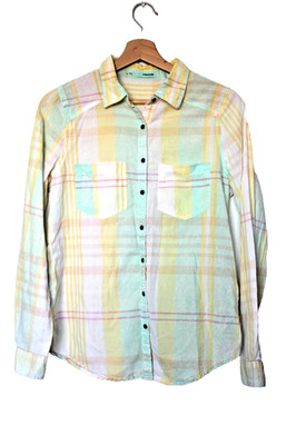 Pastel Plaid Button Up Shirt S Light Cotton Long Sleeve Summer Mint Pink Yellow