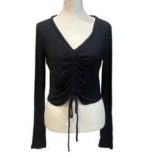 ALO Yoga Black Ribbed Ruched Drawstring V Neck Cropped Long Sleeve Top L