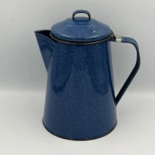 Vtg Blue Speckled Enamelware Camping Coffee Pot Farmhouse Country Rustic Decor