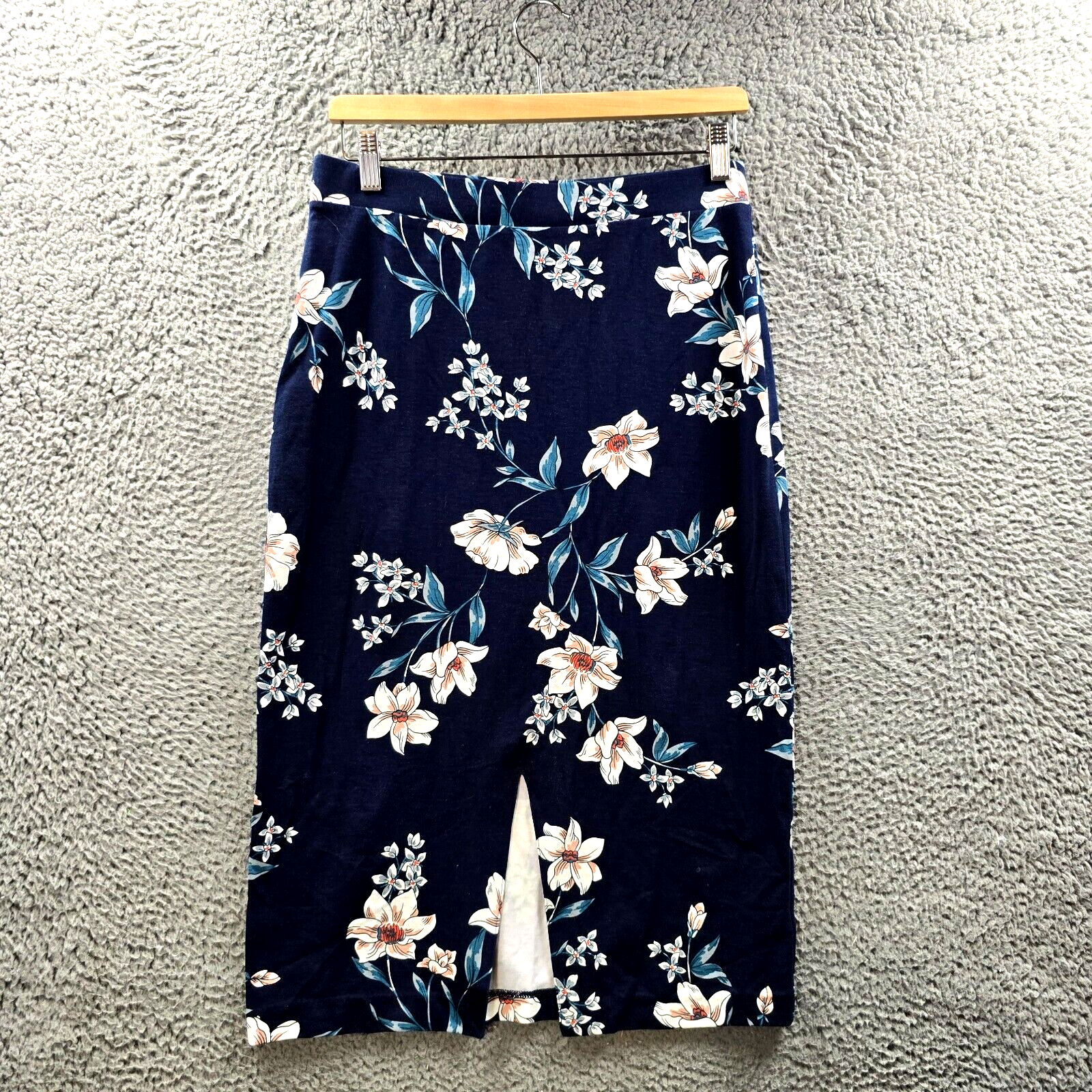 Women's Navy Blue Pink Floral Stretch Knit Pencil Midi Skirt Size 10