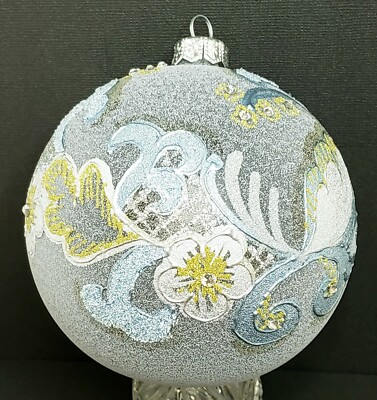 Harrod's UK Blue Frosted Embellished Floral Glass Christmas  Bauble Ornament Lrg