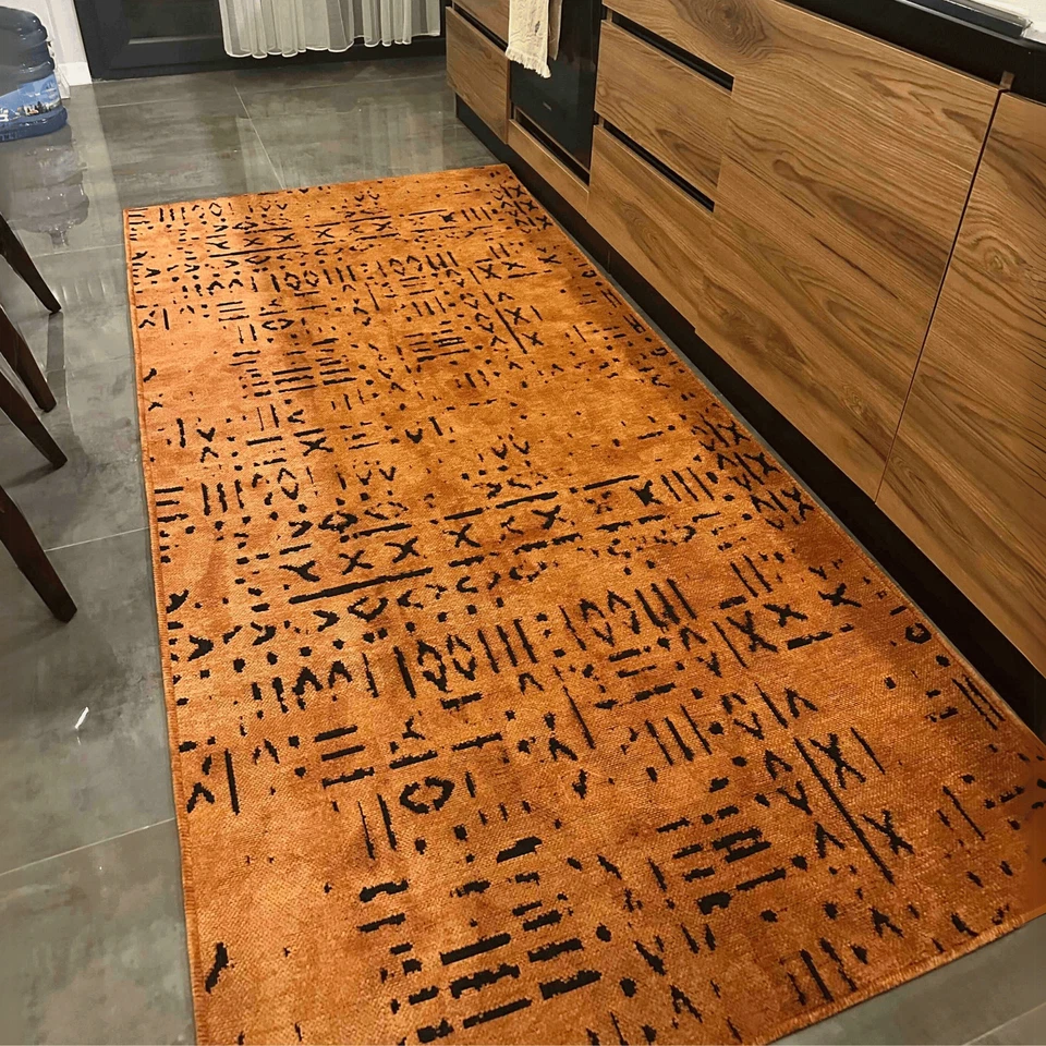 Scandinavian Patterned Orange Washable Rug l Scandinavian Area Rug, Kitchen Rug - Image 2 of 4