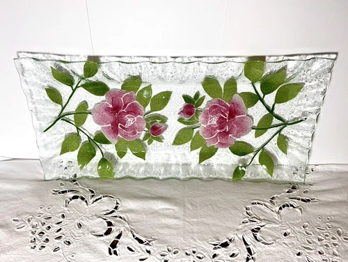 Spring Colors Fused Glass Art Dish Tray Pink Roses Green Leaves Ruffled Edge