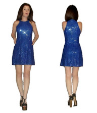 Sale!  S Vtg 80s Blue Sequin Glam Trophy A Line Dolly Skater Cocktail Mini Dress