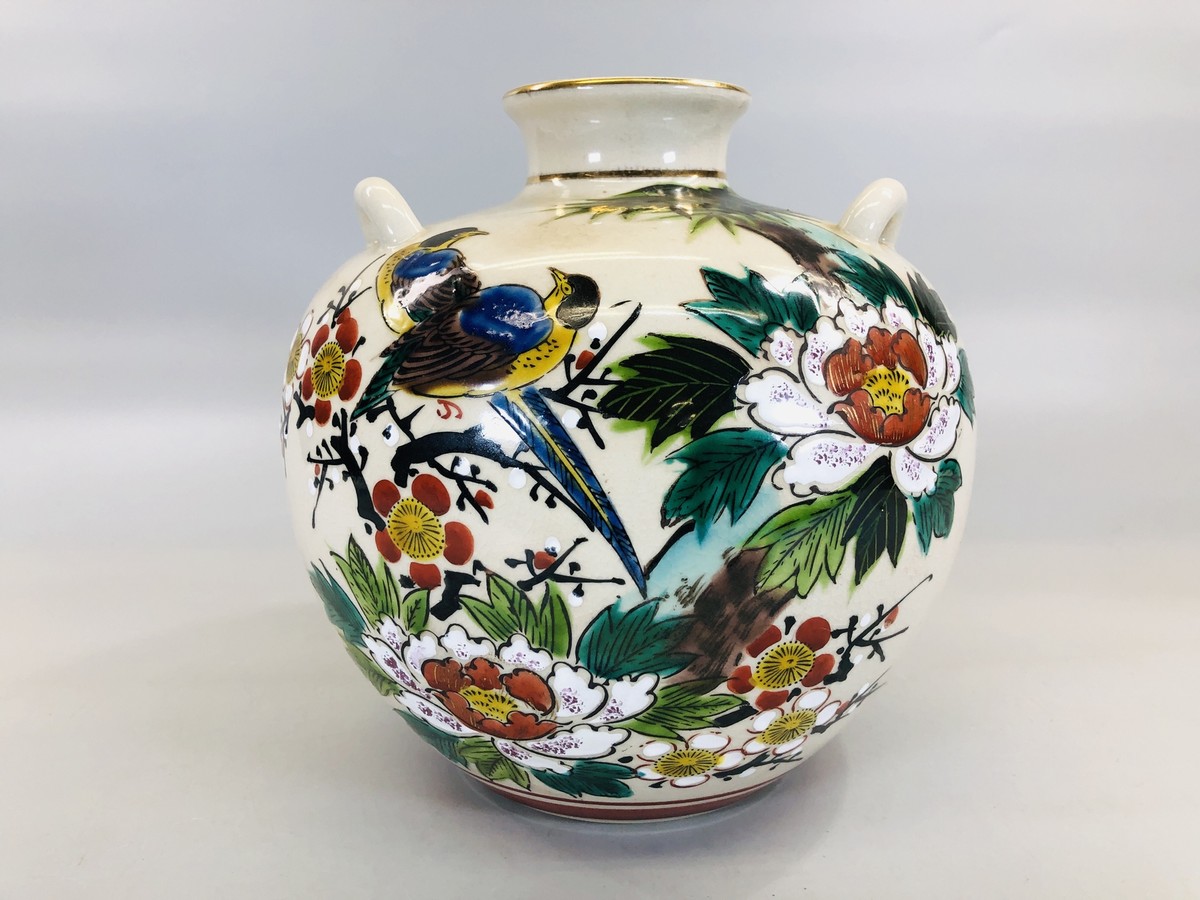 Y5662 FLOWER VASE Kutani-ware signed box color paint Japan ikebana