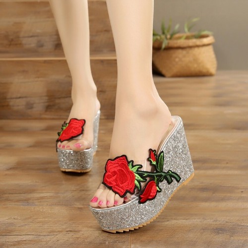 Womens Floral Mules Wedge High Heels Platform Sequins Open Toe Sandals Flip  Flop | eBay