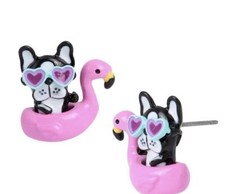 BETSEY JOHNSON PINK FLAMINGO FLOATIE FRENCH BULLDOG DOG HEART EARRINGS STUDS