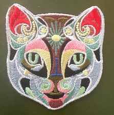 Boho Cat Iron On Patch 2.25 X 2.5" Colorful Embroidered Face Day of the Dead