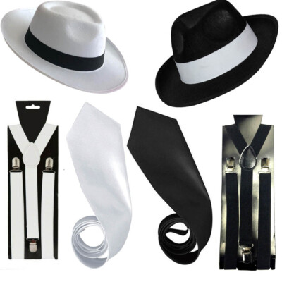 GANGSTER HUT KRAWATTENHOSENTRÄGER SET HERREN FILZ TRILBY AL CAPONE 20er KOSTÜM PAKET