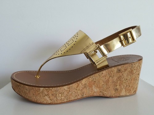 TORY BURCH LANDON GOLD LOGO CORK WEDGE BUCKLE THONGS US 11 I LOVE SHOES - Picture 2 of 8