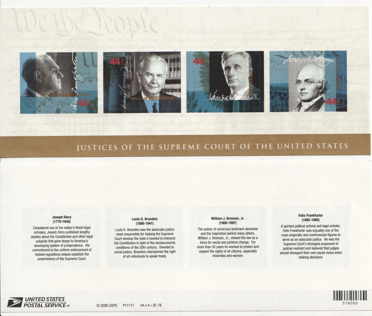 4422 2009 44c Supreme Court S/S of Mint NH Brennan Brandeis