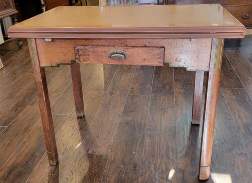 Vtg Brown Enamel Top Wooden w/Drawer & Slide Leaves Farmhouse Kitchen Table