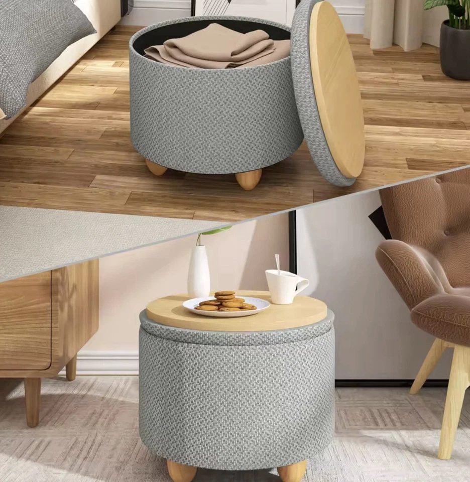 Storage Pouf Upholstered Stool Lid Ottoman Foldable Pine Legs Room SpaceSaver - Image 4 of 4