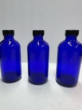 Three Cobalt Blue 8oz Bottles With Phenolic Cone Lined Lids D3