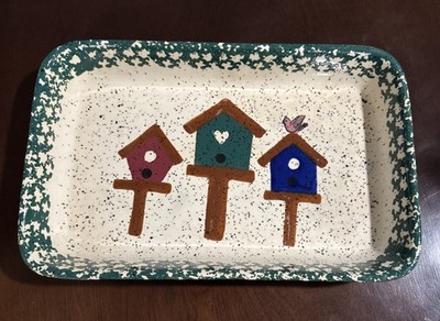 Ceramic Baking Dish Birds And Bird Houses Green Speckled 9 x13  Casserole
