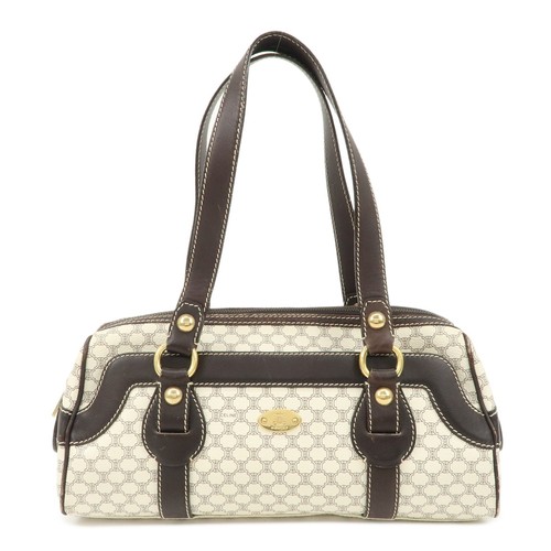 CELINE Macadam PVC Leather Mini Boston Bag Dark Brown White Authentic Used F/S