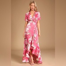 lulus forever elegant pink floral satin ruffled maxi dress