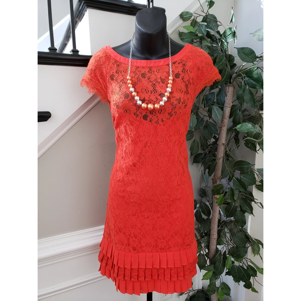 Jessica Simpson Shift Dress Women Size 10 Red Floral Sleeveless Lined Frill Hem - Image 2 of 4