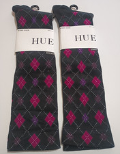 LADIES HUE OPEN ARGYLE KNEE SOCKS BLACK 2 PR ...