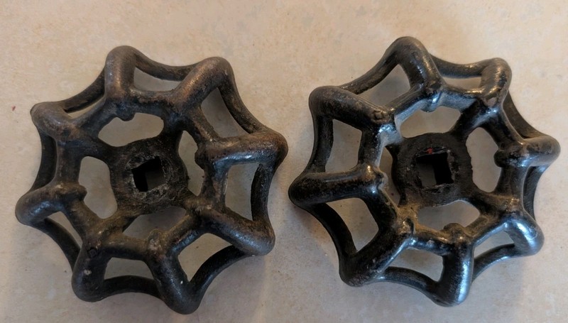 2 BLACK UNIQUE 3D VINTAGE STEAMPUNK CAST IRON WATER VALVE HANDLES RARE KNOBS