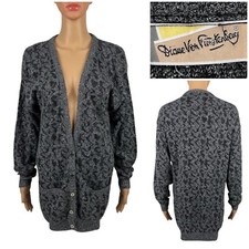 Diane Von Furstenberg Womens Medium Cardigan Gray Animal Print Metal Vintage EUC