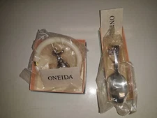 Vintage Oneida Silverplate Curved Handle Baby Spoon & Baby Rattle 1980s NEW