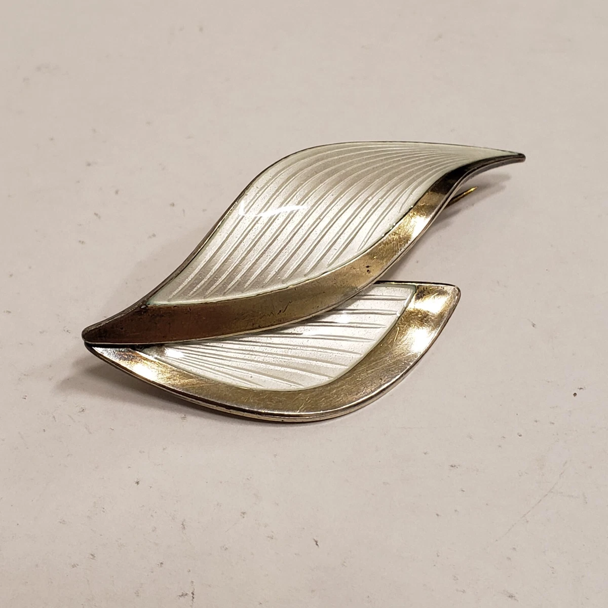 Vintage Albert Scharning Norway Sterling White Guilloche Enamel Brooch Pin