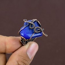 Natural Lapis Lazuli Gemstone Handmade Copper Wire Wrap Gift Ring Size 4 Gift k8