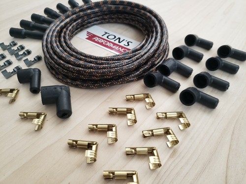 DIY 8mm Suppression Cloth Covered Spark Plug Wire Kit Vintage Wires Black Orange - Picture 3 of 7