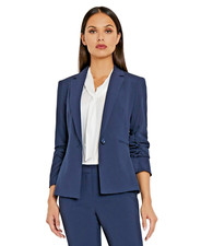 Tahari ASL Women's Ruched-Sleeve One-Button Blazer Formal Jacket Navy Blue 4