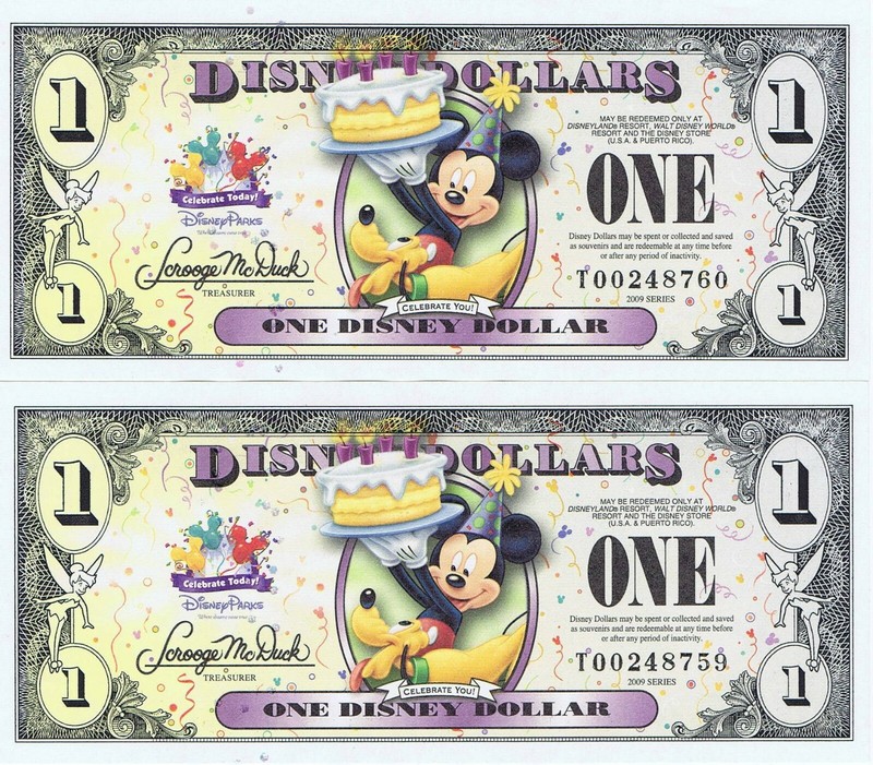 2 SEQUENTIAL 2009 T $1 UNCirculated Disney STORE Dollars Souvenirs Dollar DIS152